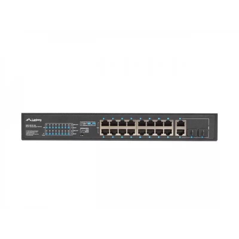 Haldamatu lüliti LANBERG RSFE-16P-2C-150 — 18 pordiga Gigabit, 16 PoE+/2 SFP, 150 W koguvõimsus, 1U riiul, metall, must