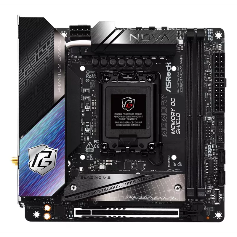 Emaplaat ASRock Phantom Gaming Z890I Nova WiFi — Intel Z890, LGA 1851, mini ITX, DDR5, 2x M.2, Wi‑Fi 6E/7, 5Gb LAN, Thunderbolt