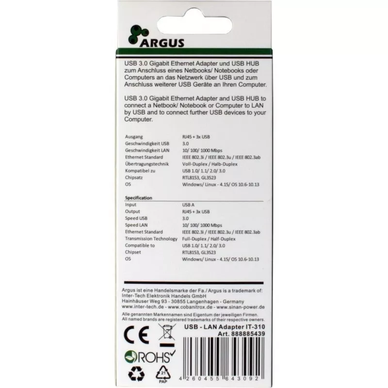 Inter-Tech Argus IT-310 - Hub - 3 x SuperSpeed USB 3.0 + 1 x 10/100/1000 - Lauaarvuti (88885439)