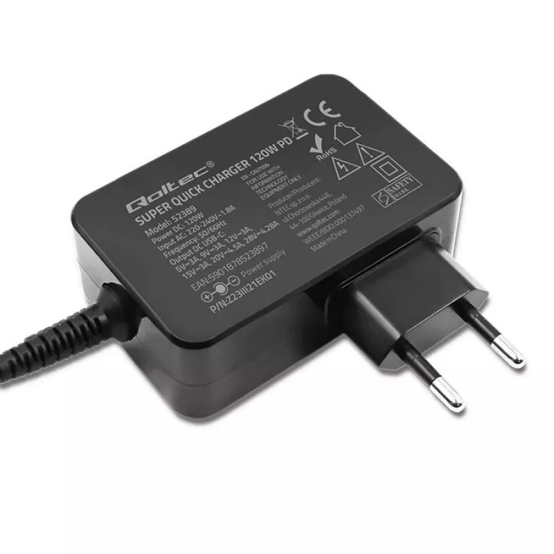 Qoltec PD 120W Turbo Fast Laadija | 5-28V | 3-4.5A | USB-C | Must