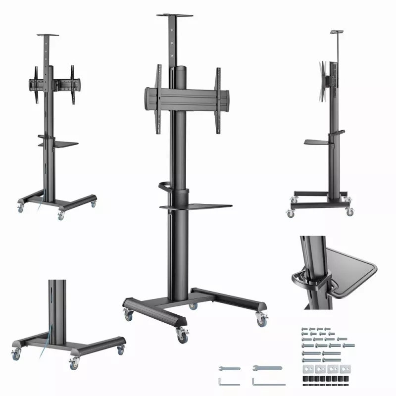 Põranda TV-alus Gembird TVS-70T-02 ekraanidele 37 tolli kuni 70 tolli, max 70 kg, VESA 200x200–600x400, kaldenurk ±5°/−12°, kõrguse reguleerimisega, rattad, kaablihaldus