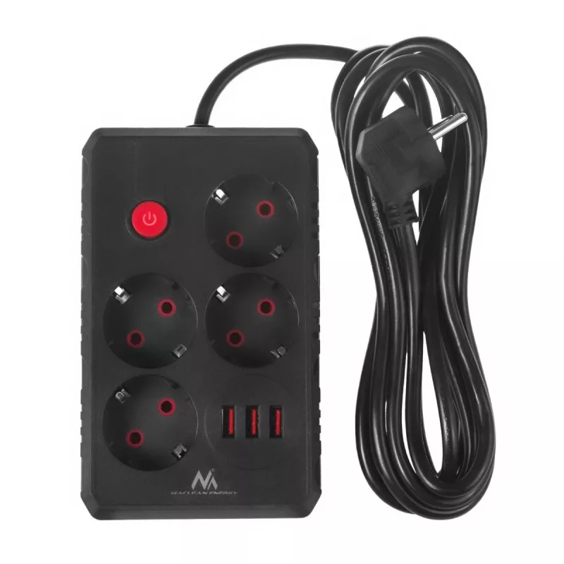 Pikenduspesa MACLEAN MCE393 B — 4 pistikupesa, 3×USB, 110–240 V, 2500 W, 3 m kaabel, must