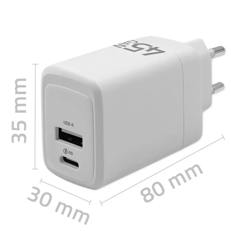 GaN 45W laadija 5V 20V 1.5A 3A, 1xUSB C PD, 1xUSB