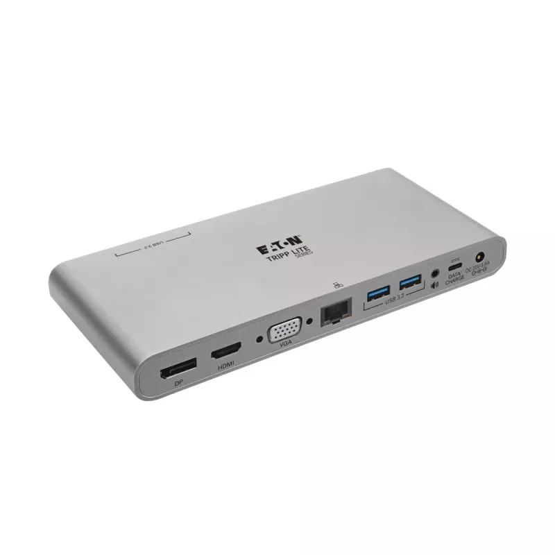 Eaton Tripp Lite USB-C dokk, kolmekordne ekraan - 4K HDMI/DisplayPort, VGA, USB 3.2 Gen 1, USB-A/USB-C jaotur, GbE, 100W PD laadimine, rahvusvahelised toitekaablid - dokkimisjaam - USB-C