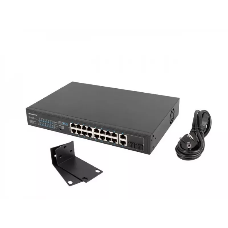 Haldamatu lüliti LANBERG RSFE-16P-2C-250 — 18-port Gigabit, 16x PoE+ (30W), 2x SFP, 250W, 1U, metall, riiulipaigaldus