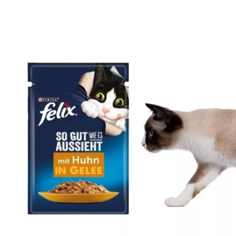 Purina Felix niiske kassitoit kõrge valgusisaldusega 100 g kotike — kala ja kana maitse, täiskasvanud kassidele, pakis 120 tk