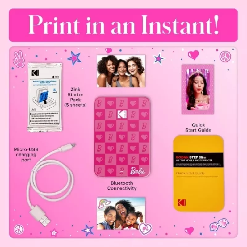 Barbie x Kodak STEP Slim Instant Mobile Photo Printer Värviline ZINK 2x3'' 1ppm, Bluetooth, Roosa