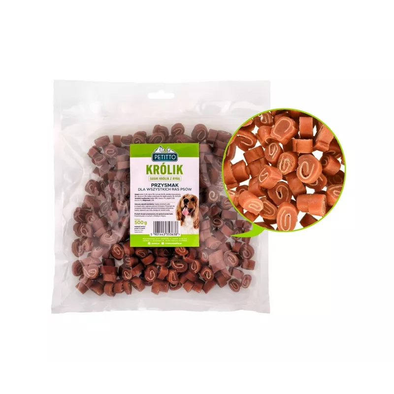 Koerte treeningumaiused PETITTO Sushi küülik kalaga 500 g, valk 28%, rasv 7%, niiskus 23%