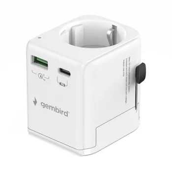 Reisiadapter GEMBIRD TPA-EU1A1C20-01-W 20W, USB-A 18W + USB-C 20W, Schuko pistikupesa, sisend 100–250V
