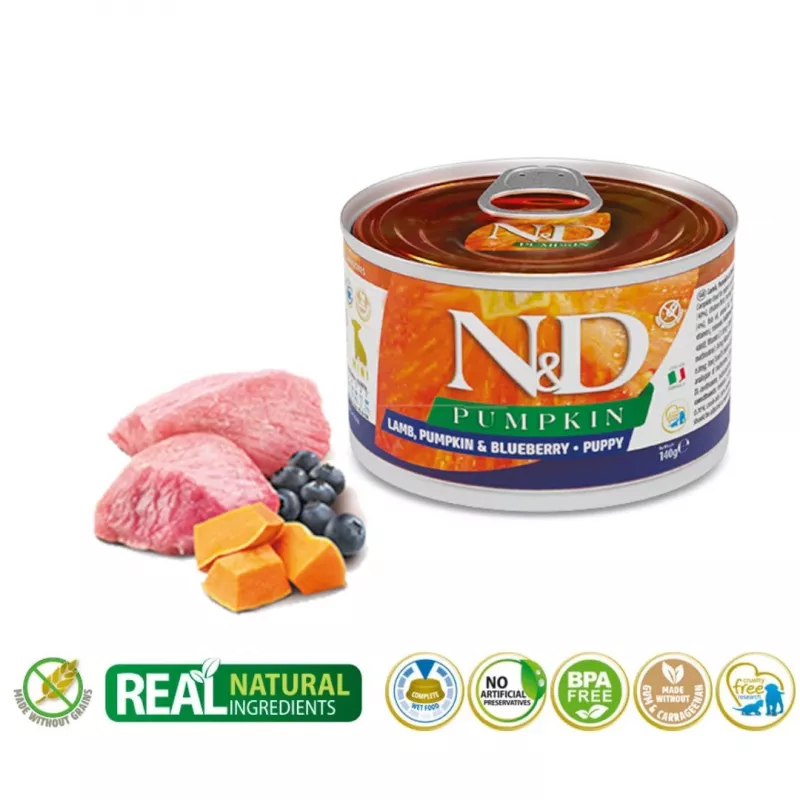 Märg koeratoit Farmina N&D Puppy Lamb Pumpkin Blueberry 140 g kott, väikestele tõugudele (5–10 kg), 12% valku, 6% rasva, 75% niiskust