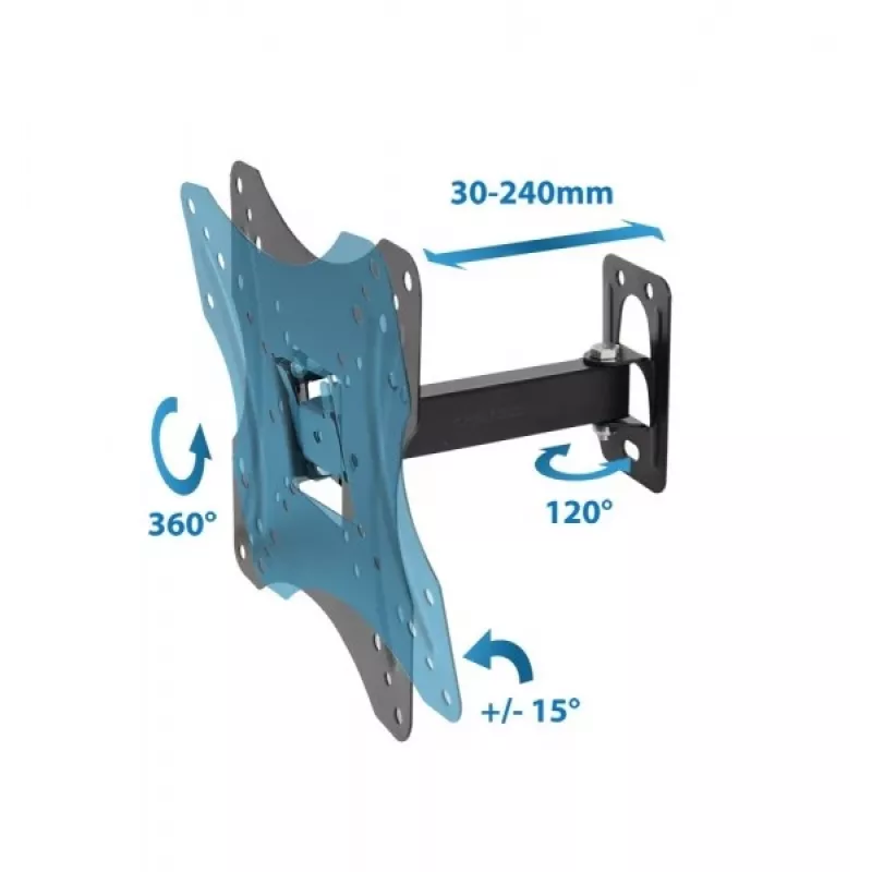 TV seinakinnitus ESPERANZA PROTEUS 26–70 tolli (66–177,8 cm), kallutus ±15°, pööramine 120°, VESA 75×75–400×400, max koormus 55 kg, must