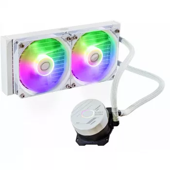 Vedelikjahutuskomplekt Cooler Master MasterLiquid 240L Core ARGB Valge — 240 mm radiaator, 120 mm ventilaatorid, toetab LGA1700/AM5/AM4 ja vanemaid pesasid