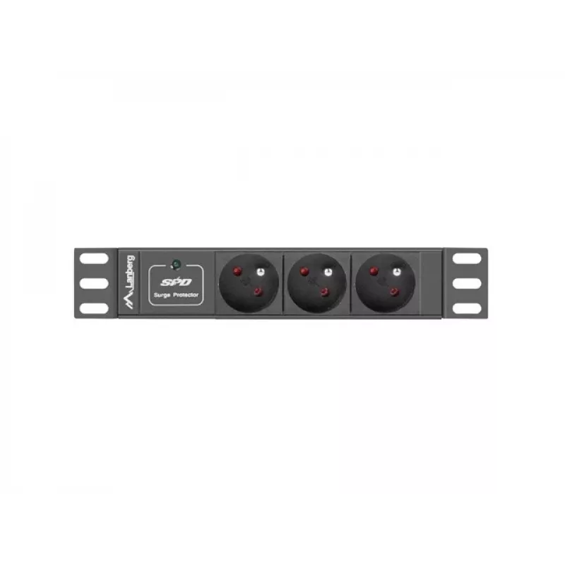 Toitejaotusseade LANBERG PDU-03E-0200-BK — 1U, 3x tüüp E pistikupesa, 220–250 V, 16 A, 2 m kaabel, must