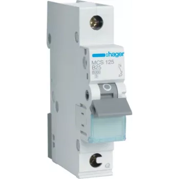 Hager MCS125. Nimivool: 25 A. Tüüp: C-tüüp, Moodulite arv (max): 1 moodul. Laius: 17,5 mm, Sügavus: 70 mm, Kõrgus: 83,4 mm (MCS125)