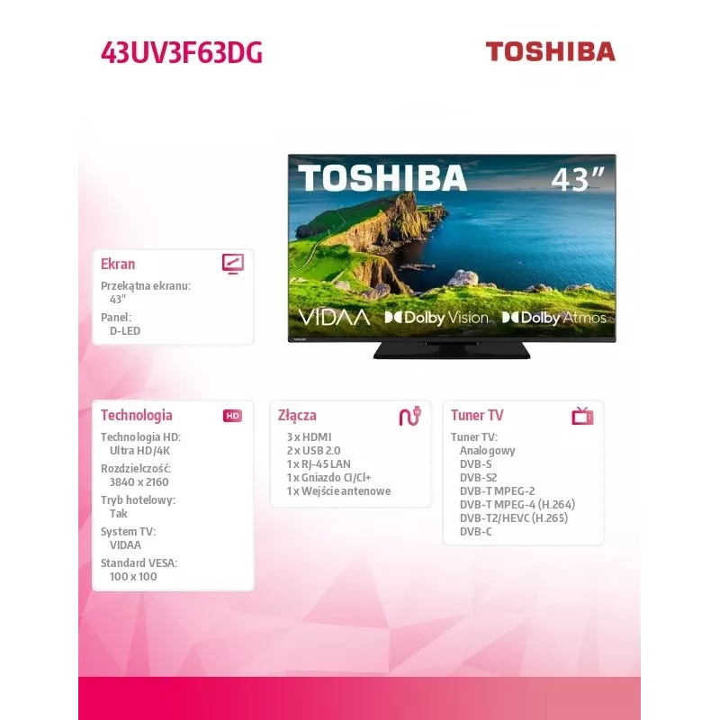 TV LED 43UV3F63DG 43-tolline LED-ekraan 4K eraldusvõime