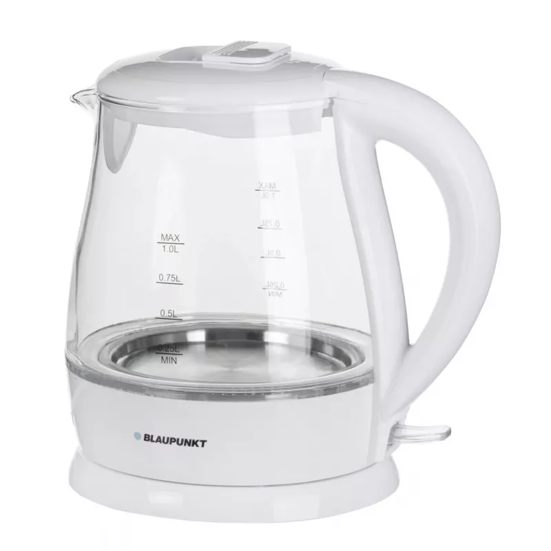 Elektriline veekeetja BLAUPUNKT 1 L 1630 W Valge — klaaskorpus, 360° alus, nupuga kaas