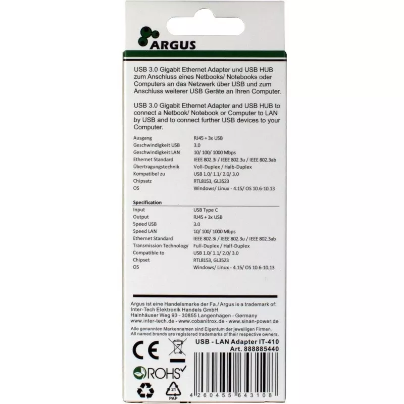 Inter-Tech Argus IT-410 - Hub - 3 x SuperSpeed USB 3.0 + 1 x 10/100/1000 - Lauaarvuti (88885440)