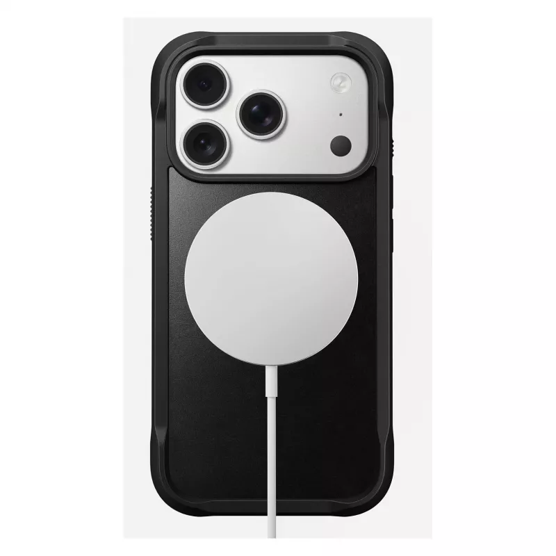 Mobiiltelefoni ümbris Nomad Rugged Leather ümbris Apple iPhone 17 Pro jaoks, nahk/TPU/PC/alumiinium, sobib kuni 16 cm (6,3 tolli) ekraanidele, must