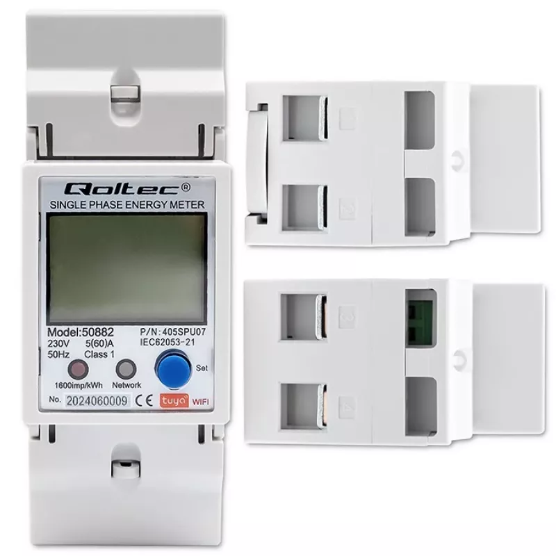 Qoltec 50882 Ühefaasiline elektrooniline energiatarbimise arvesti DIN-liistule | Wi-Fi | TUYA | 230V | LCD