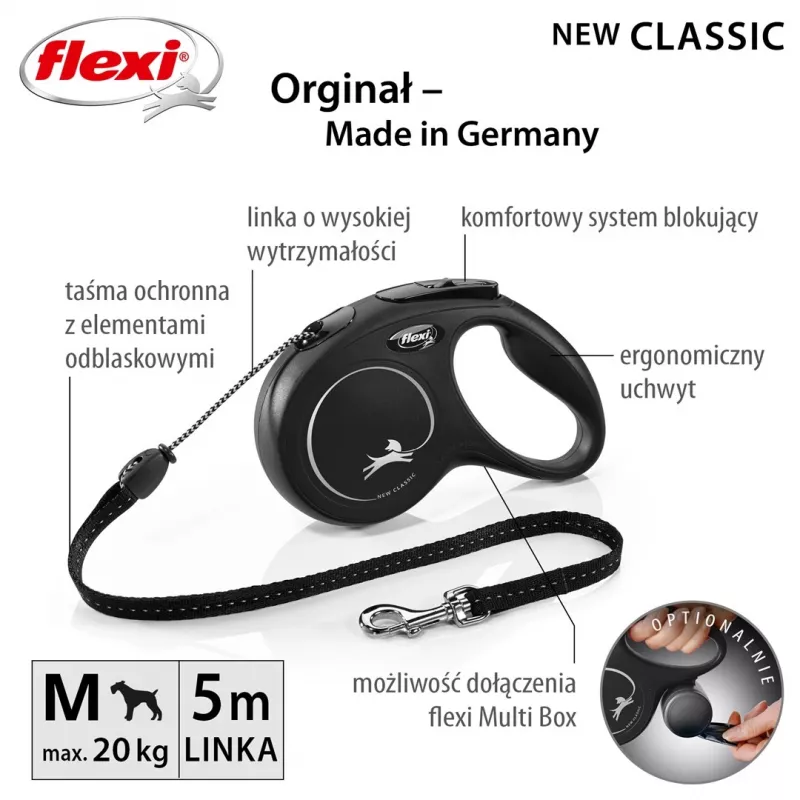 Sissetõmmatav rihm Flexi Classic 5 m Must keskmistele koertele, nöör, maks. koormus 20 kg, helkurelemendid