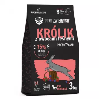 Kuiv koeratoit PAKA ZWIERZAKA Rabbit with Forest Fruits S 3 kg — täiskasvanud väikestele/keskmistele koertele, 29% valku, 16% rasva, gluteeni- ja sojavaba