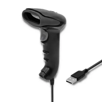 Pihuarvuti vöötkoodilugeja QOLTEC 50866 — 1D laserskanner, USB juhtmega, 600 mm lugemiskaugus, must, 161,5×88×77 mm