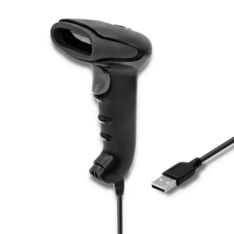 Pihuarvuti vöötkoodilugeja QOLTEC 50866 — 1D laserskanner, USB juhtmega, 600 mm lugemiskaugus, must, 161,5×88×77 mm