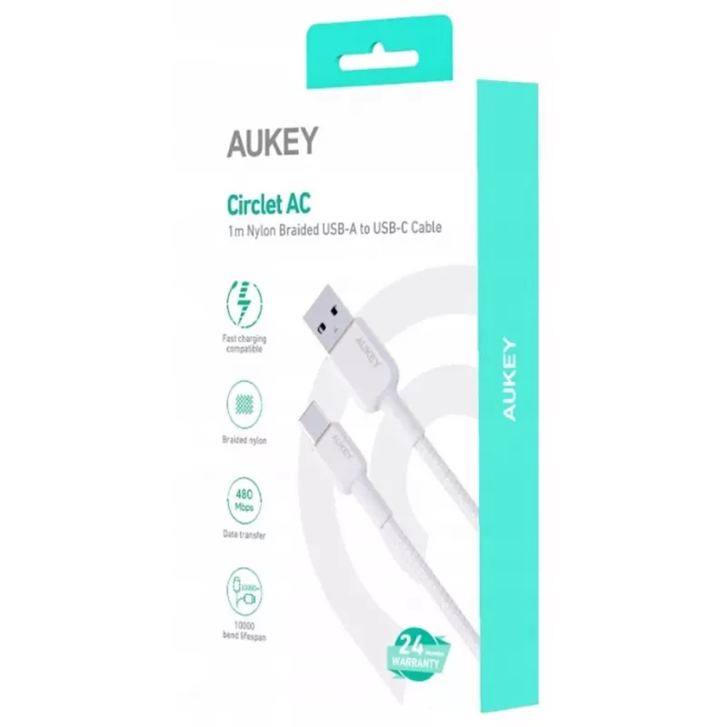 AUKEY CB-NAC1 Valge nailonpunutud USB-C – USB-A kaabel