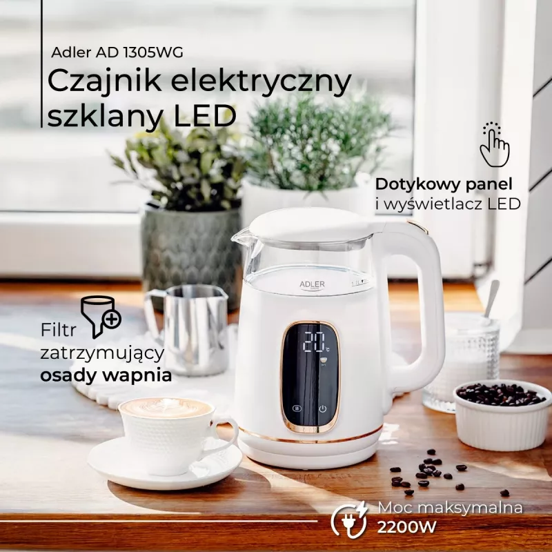 Elektriline veekeetja Adler AD 1305WG — 1,7 l, 2200 W, klaas/plast, valge/kuldne/läbipaistev
