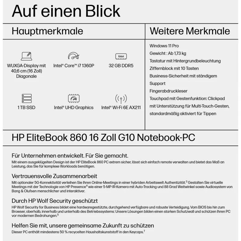 HP EliteBook 860 G10 sülearvuti - Intel Core i7 1360P / 1.9 GHz - Evo - Win 11 Pro - Intel Iris Xe graafikakaart - 32 GB RAM - 1 TB SSD NVMe, TLC - 40.64 cm (16)