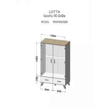 Riidekapp cama meble LOTTA 2D2D, 2 ust, Sonoma tamme raam ja valged esipaneelid, 1100×550×1900 mm