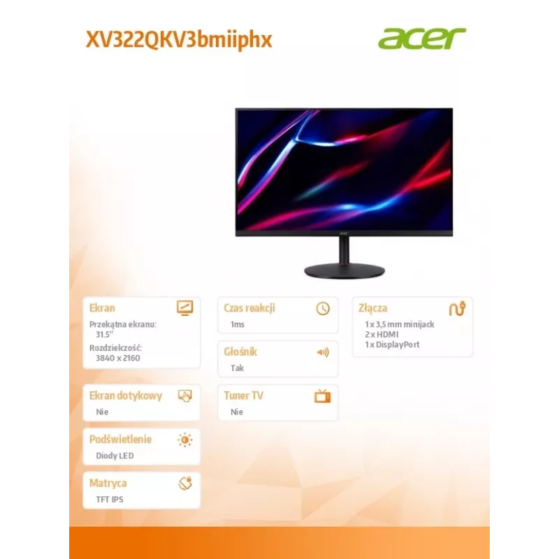 Monitor 32 tolli XV322QKV3bmiiphx IPS 160Hz UHD 4K 0,5/350cd/m2 HDMIx2 DP KÕLAR H:090