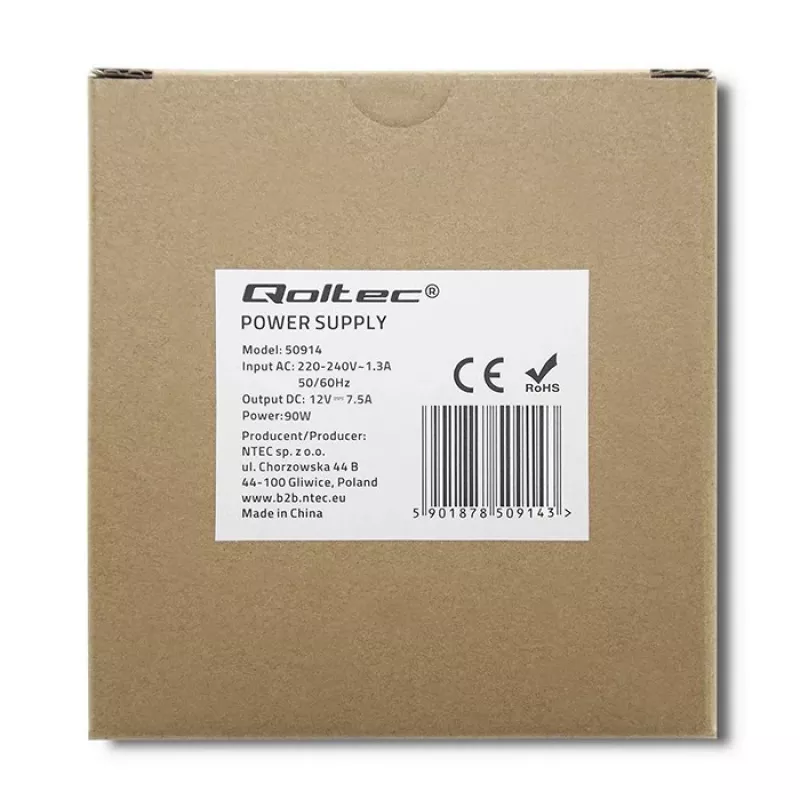 Qoltec 50914 DIN-liistu toiteplokk | 90W | 12V | 7,5A | Valge | Õhuke