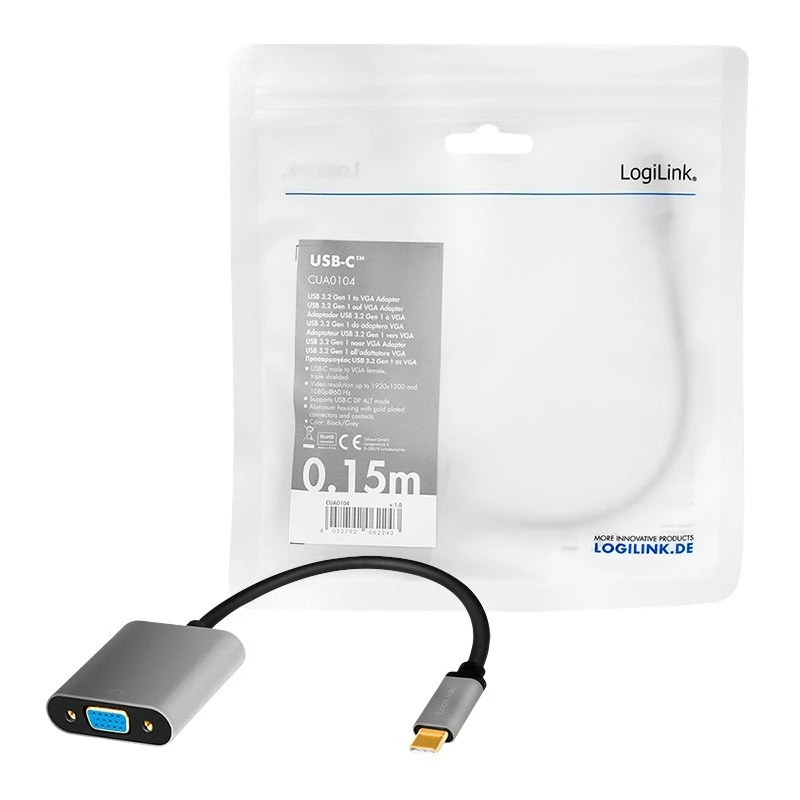 USB USB-C – VGA (D-Sub) videoadapteri kaabel LOGILINK CUA0104 0,15 m, hall/must