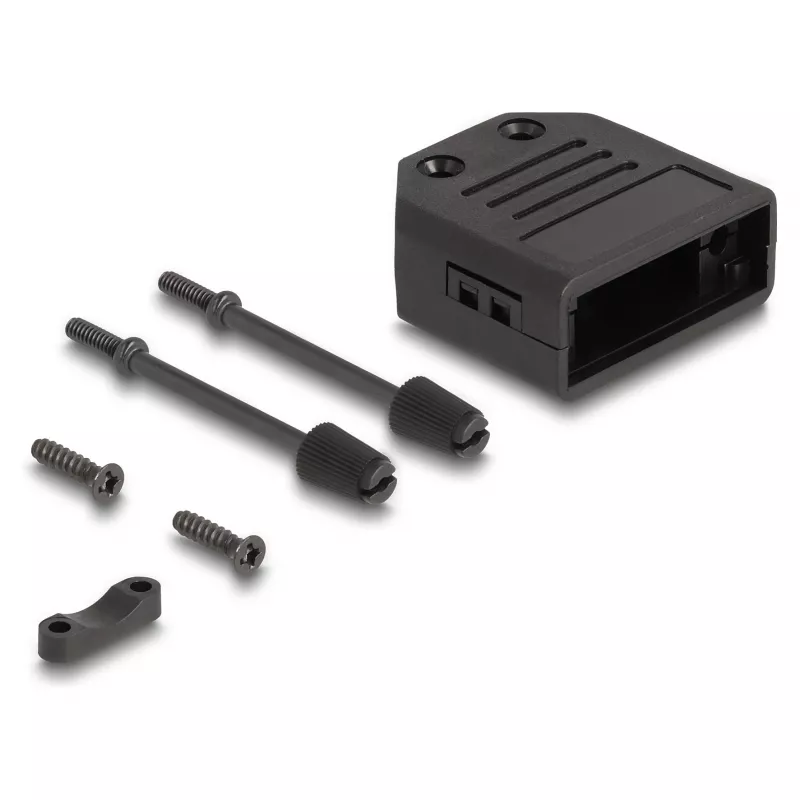 DELOCK D-Subi kaabli kaitsekate 9‑kontaktilisele isasele/emasele pistikule, plastist tõmbeleevendiga, 33,3×33,8×14,8 mm, must