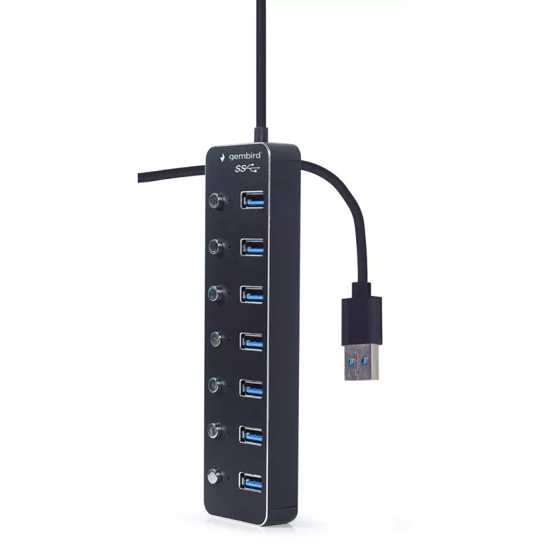 USB-jaotur Gembird UHB-U3P7P-01, 7-pordiline USB 3.2 Gen 1 (Type-A), 0,24 m kaabel, must