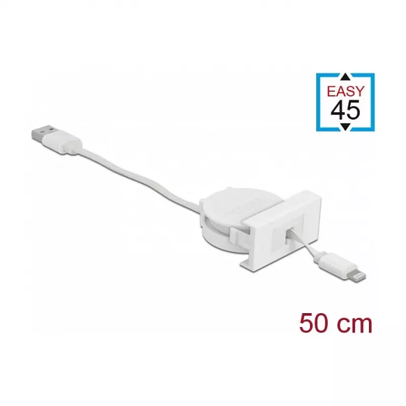 Kaabel DeLOCK Easy 45 Moodul USB 2.0 Sissetõmmatav Kaabel USB Type-A – 8 Pin Lightning emane valge