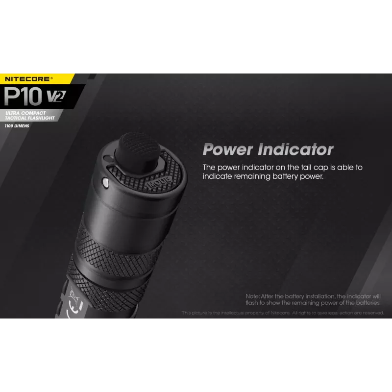 Taktikaline taskulamp Nitecore P10 V2 — 1000 lm, IP68 veekindel, põrutuskindel, 95 g, 18650/CR123 ühilduv