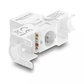 Keystone moodul DELOCK RJ45 LSA-le Cat.6 UTP tööriistavabalt tolmukattega, lame, 16×31,8×19,4 mm, valge/must