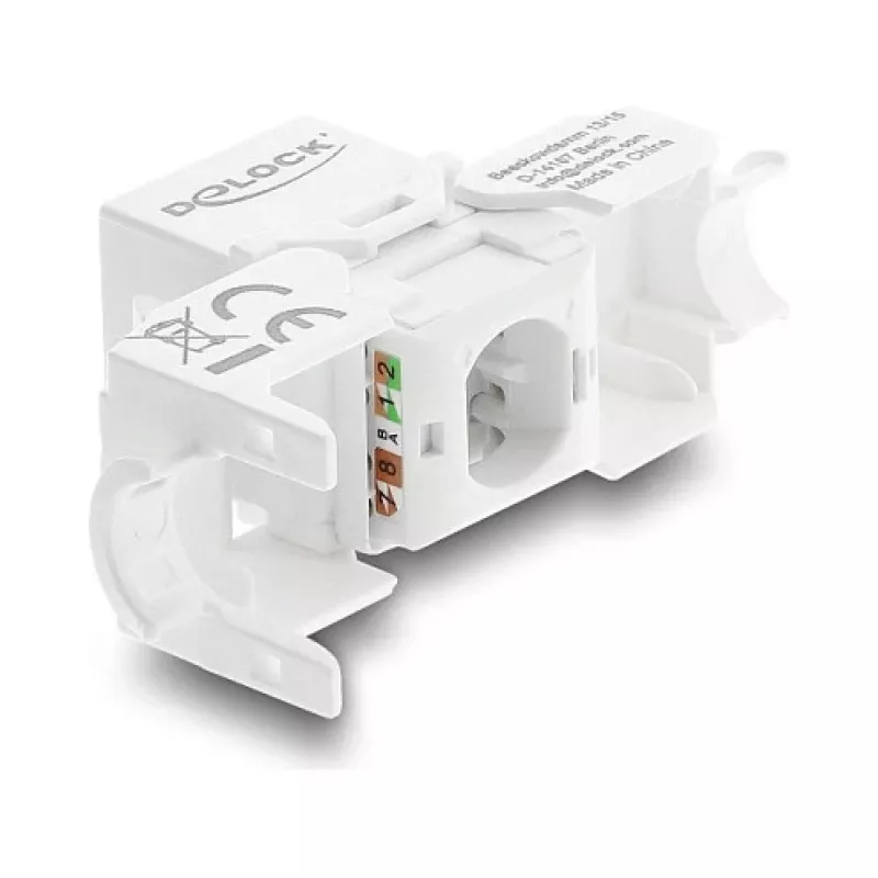 Keystone moodul DELOCK RJ45 LSA-le Cat.6 UTP tööriistavabalt tolmukattega, lame, 16×31,8×19,4 mm, valge/must