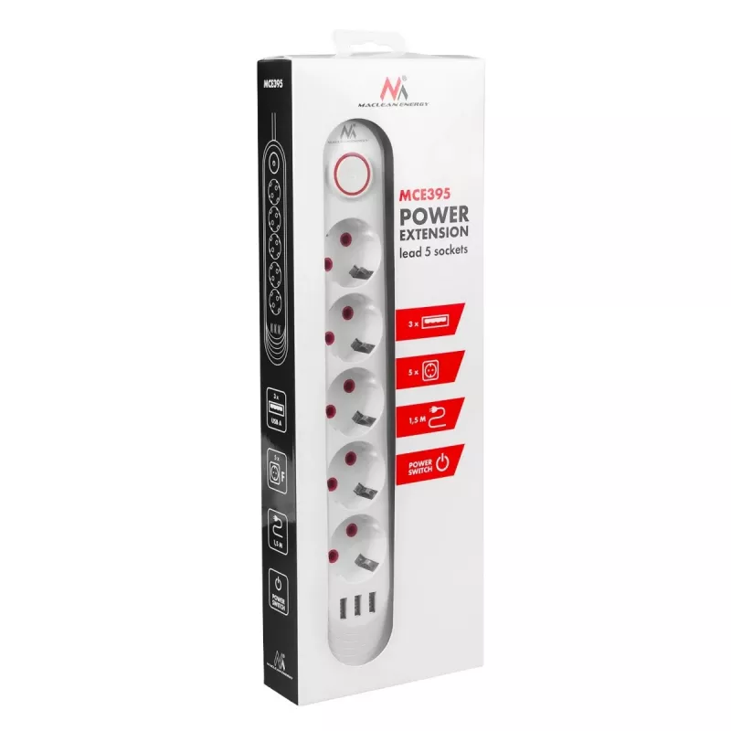 Pistikupesade jaotur MACLEAN MCE395 W — 5 pistikupesa, 3× USB A, 110–240 V AC, 2,1 A USB, max 2500 W, valge, 1,5 m kaabel