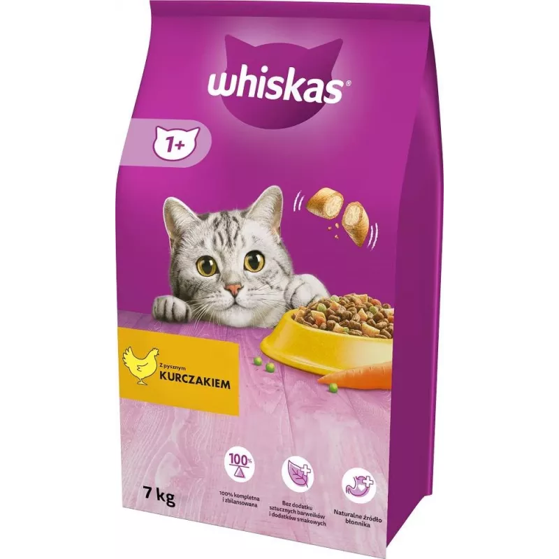 Kuiv kassitoit Whiskas Adult kanaga 7 kg — täiskasvanud kassidele mõeldud kuivtoit, 30,8% valku, 12% rasva