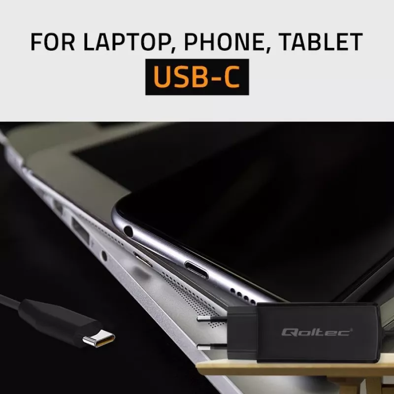 GaN 90W laadija QOLTEC 52420 USB-C PD 5–20 V 3 A/4,5 A väljund, 220–240 V sisend, 1,8 m kaabel, must