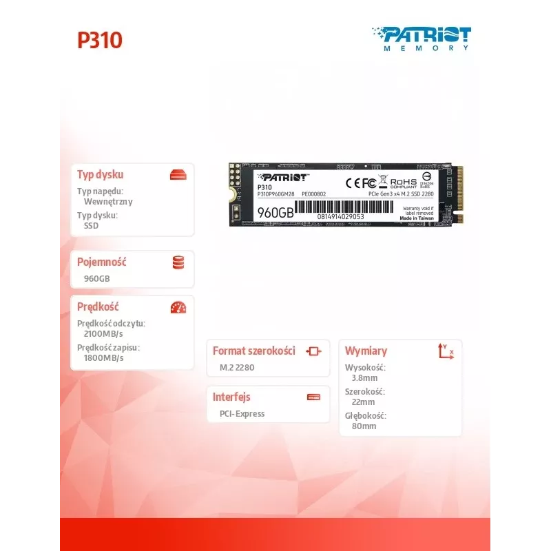 SSD-draiv Patriot Memory 960GB M.2 PCI Express 4.0 NVMe P310P960GM28