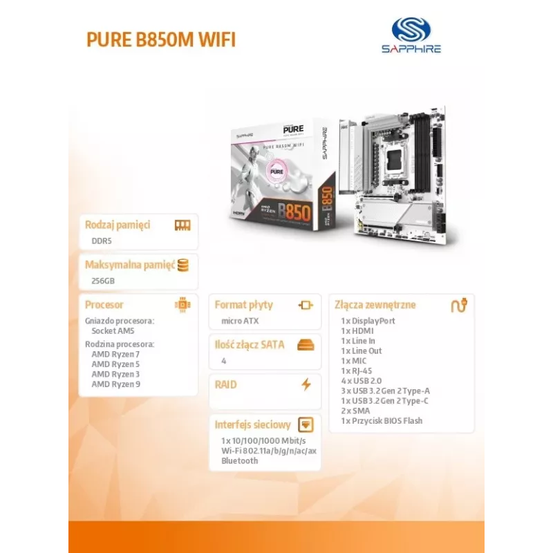 Emaplaat Sapphire PURE B850M WIFI Micro ATX — AMD B850, pesa AM5, DDR5 kuni 8000 MHz, 4 DIMM, Wi‑Fi 6, 2,5 Gb LAN, 2× M.2, PCIe 5.0 x16