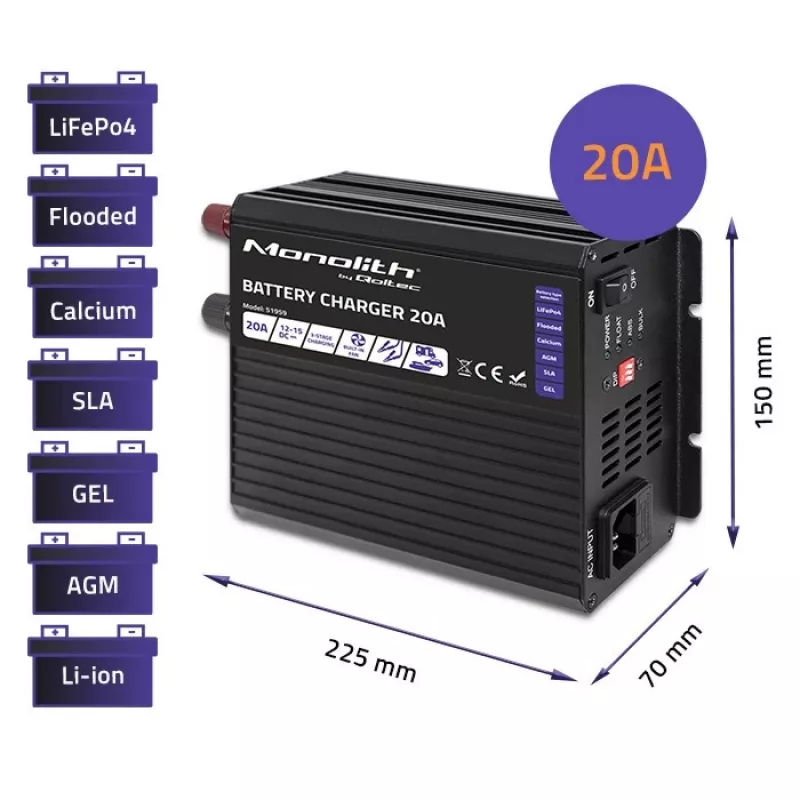 Laadija QOLTEC Monolith 20A 12V LiFePO4, AGM, GEL, SLA akudele