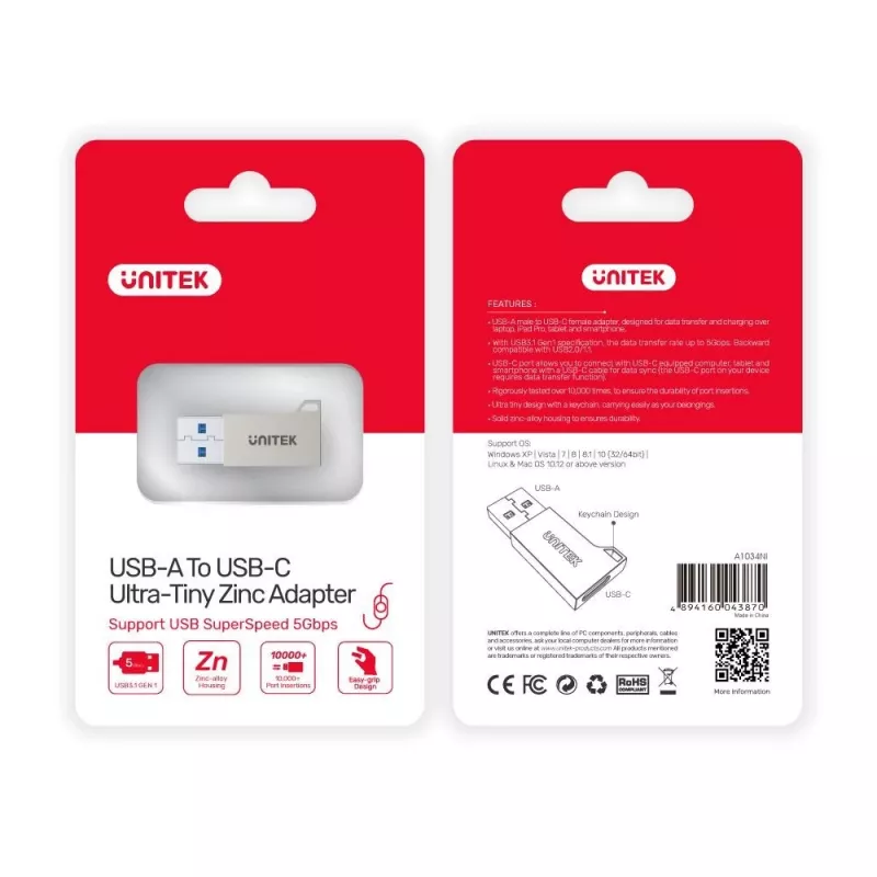 USB-pistikuadapter Unitek A1034NI, hõbedane, USB 2.0/3.2 Gen1, kuni 5 Gbit/s, tsinkkest, 36×16,7×5,7 mm