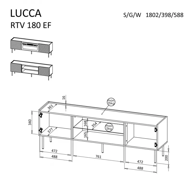TV-kapp Cama Meble LUCCA 180x40x59 cm, must pealispind ja raam, puitlaastplaat, sisaldab musta kaminat