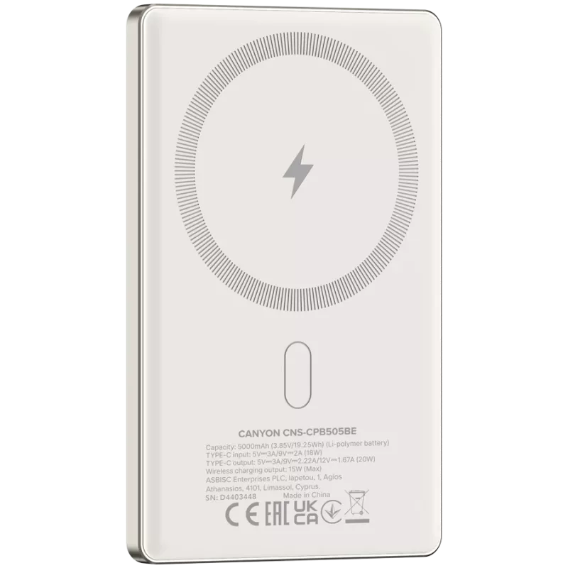 Canyon OnPower 505 - Powerbank - 5.000 mAh - sisend USB-C - väljund USB-C PD 20W + juhtmevaba magnet 1