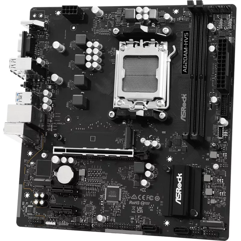 Emaplaat ASRock A620AM-HVS Micro ATX — AMD A620A kiibistik, pesa AM5, DDR5, 2 DIMM, kuni 128 GB, HDMI 2.1, M.2 2280